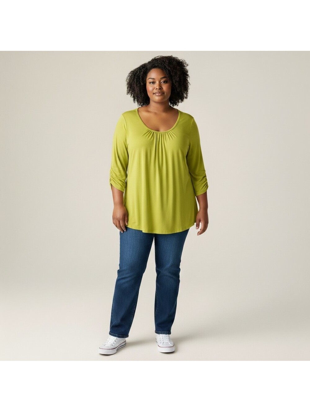 Susan Graver Blouse Women 1X Plus Green 3/4 Sleeve Round Neck Casual Pullover